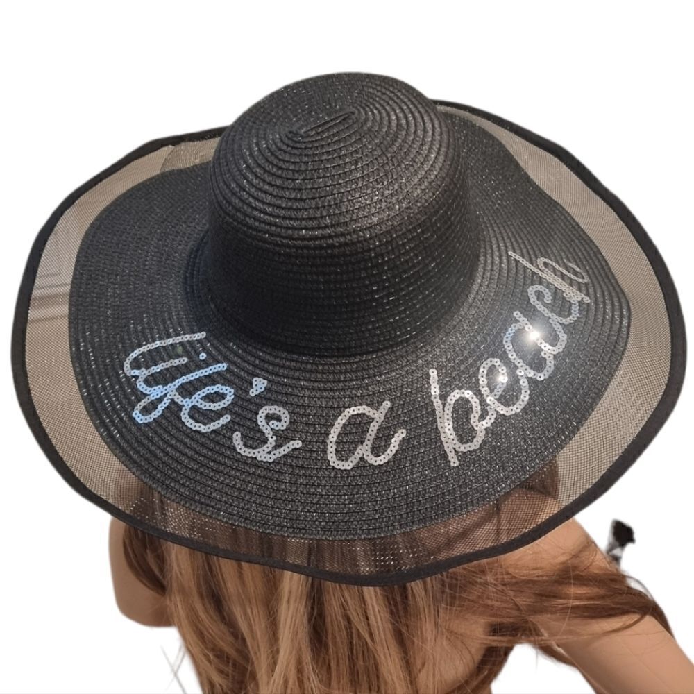 NEW Black straw sun beach hat "life's a beach"